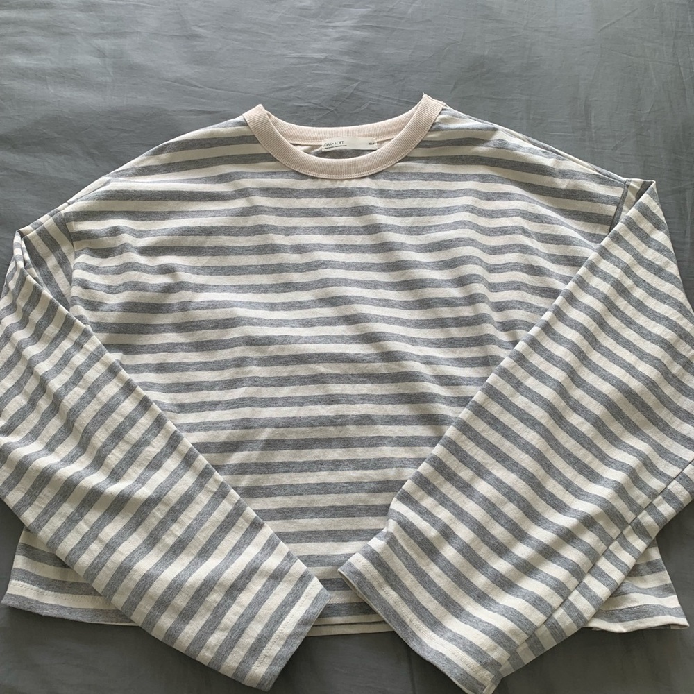 OAK + FORT Grey and White Striped Long Sleeve Tee size small - Picture 3 of 3